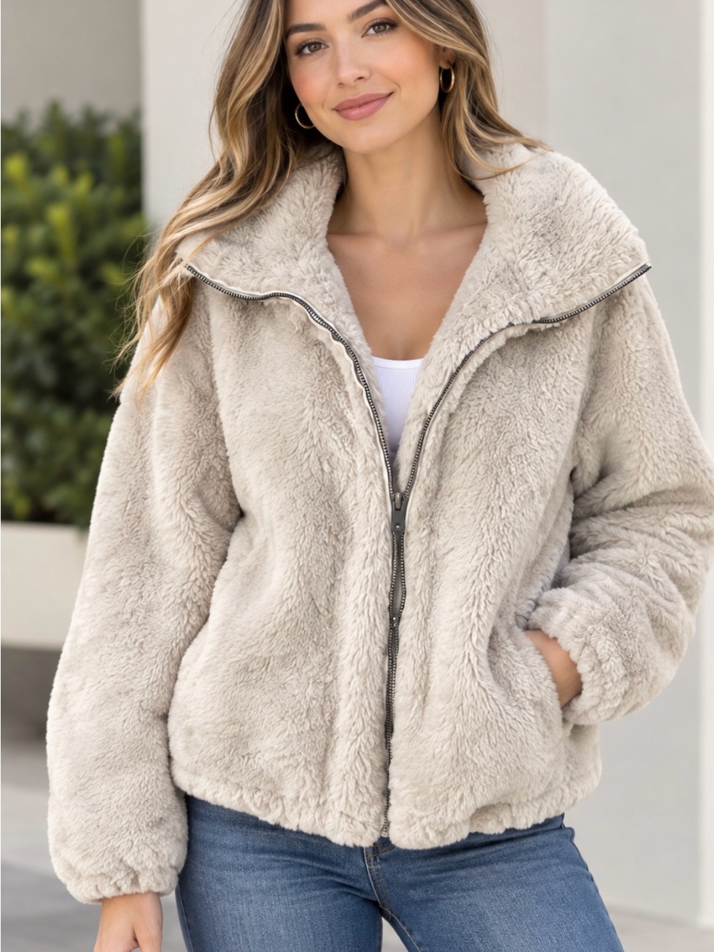 M MAGASCHONI,Plush Teddy Jacket in Light Cream with Stand Collar, Sz XS
